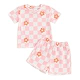 Thorn Tree Toddler Girl Clothes Floral Plaid T-Shirt & Elastic Waistband Shorts Summer Outfits for Girls