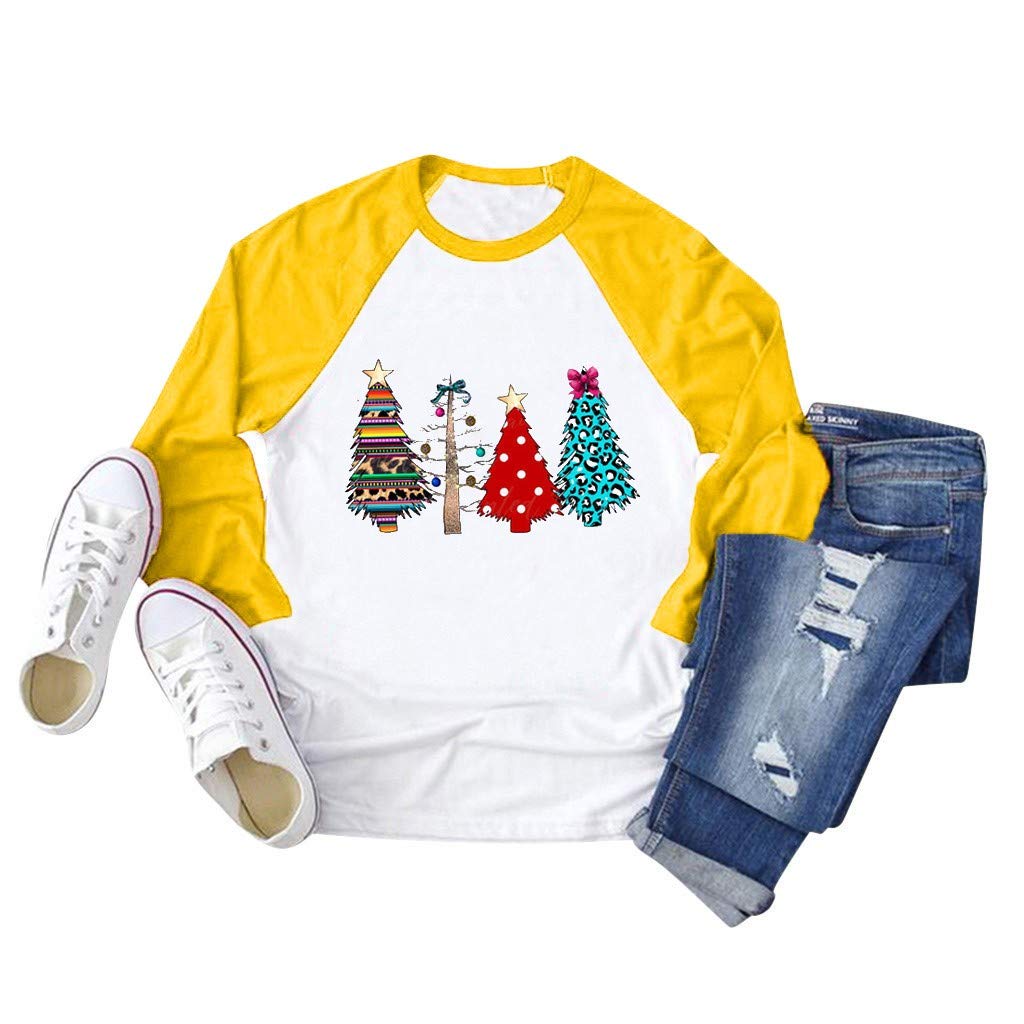 HAPPIShare Women Christmas Tree T-Shirt Raglan Full Long Sleeve Casual Graphic Tees Tops