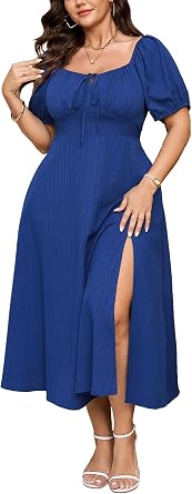 SHESTARR Plus Size Summer Dress A Line Milkmaid Dress with Pockets | Short Sleeve, Square Neck, Tie Front, Split, A-Line Maxi, Milkmaid Dress with Pockets