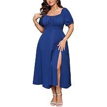 SHESTARR Plus Size Summer Dress Short Sleeve Square Neck Milkmaid Dress Tie Front Split A-Line Maxi Dress with Pockets