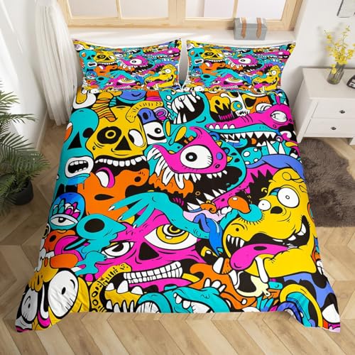 Graffiti Style Bedding Set for Kids Boys Teens Hip Hop Duvet Cover 2 Pieces 135 x 200cm & 2Pillowcase Colorful Hippie Soft Microfiber Graffiti Wall Art Design Comforter Cover with Zipper