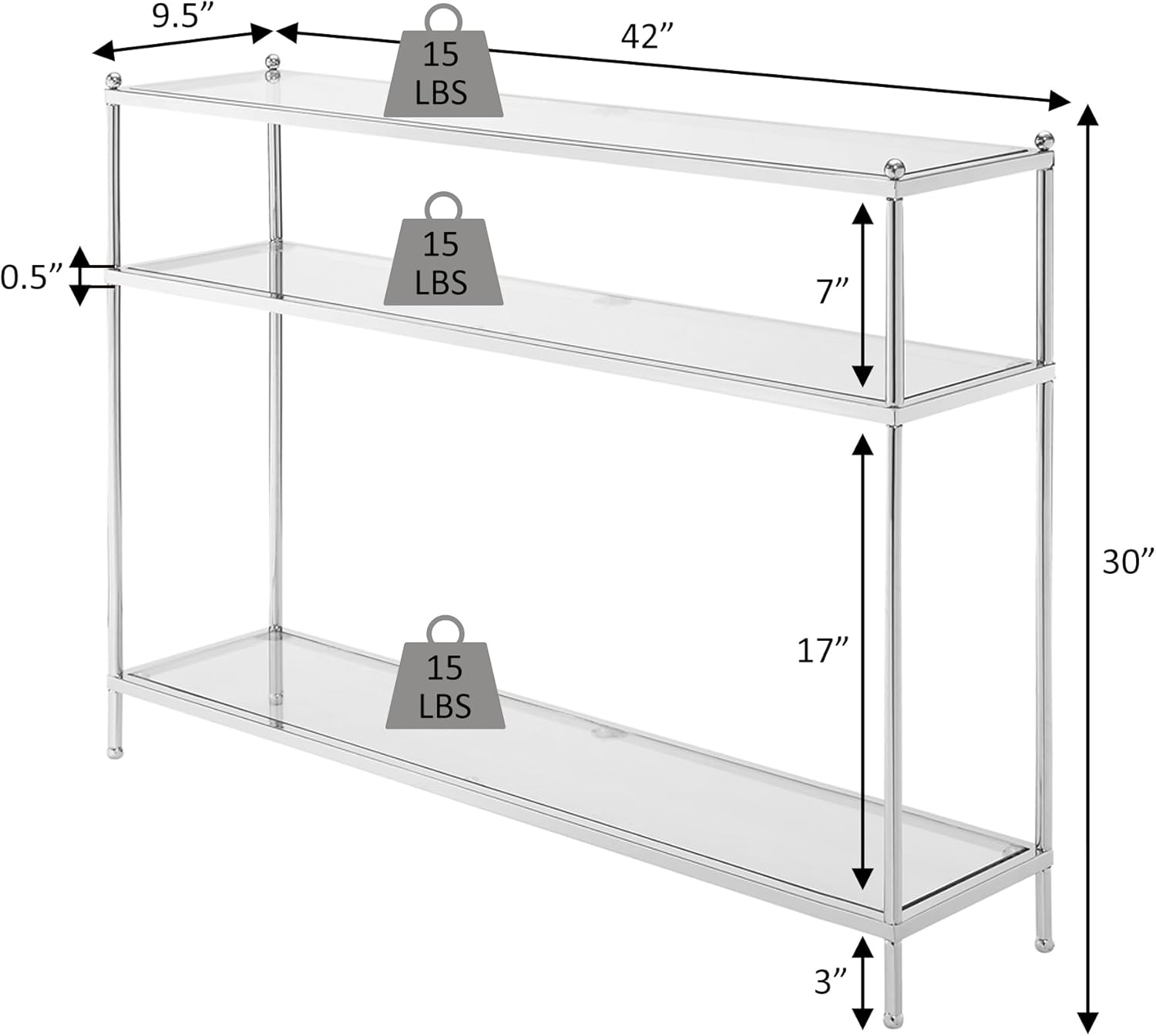 Convenience Concepts Royal Crest Glass Console Hall Table 42" - 3 Tier Modern, Contemporary Narrow Display Accent with Storage Shelves for Living Room, Entryway, Hallway, & Bedroom, Gold