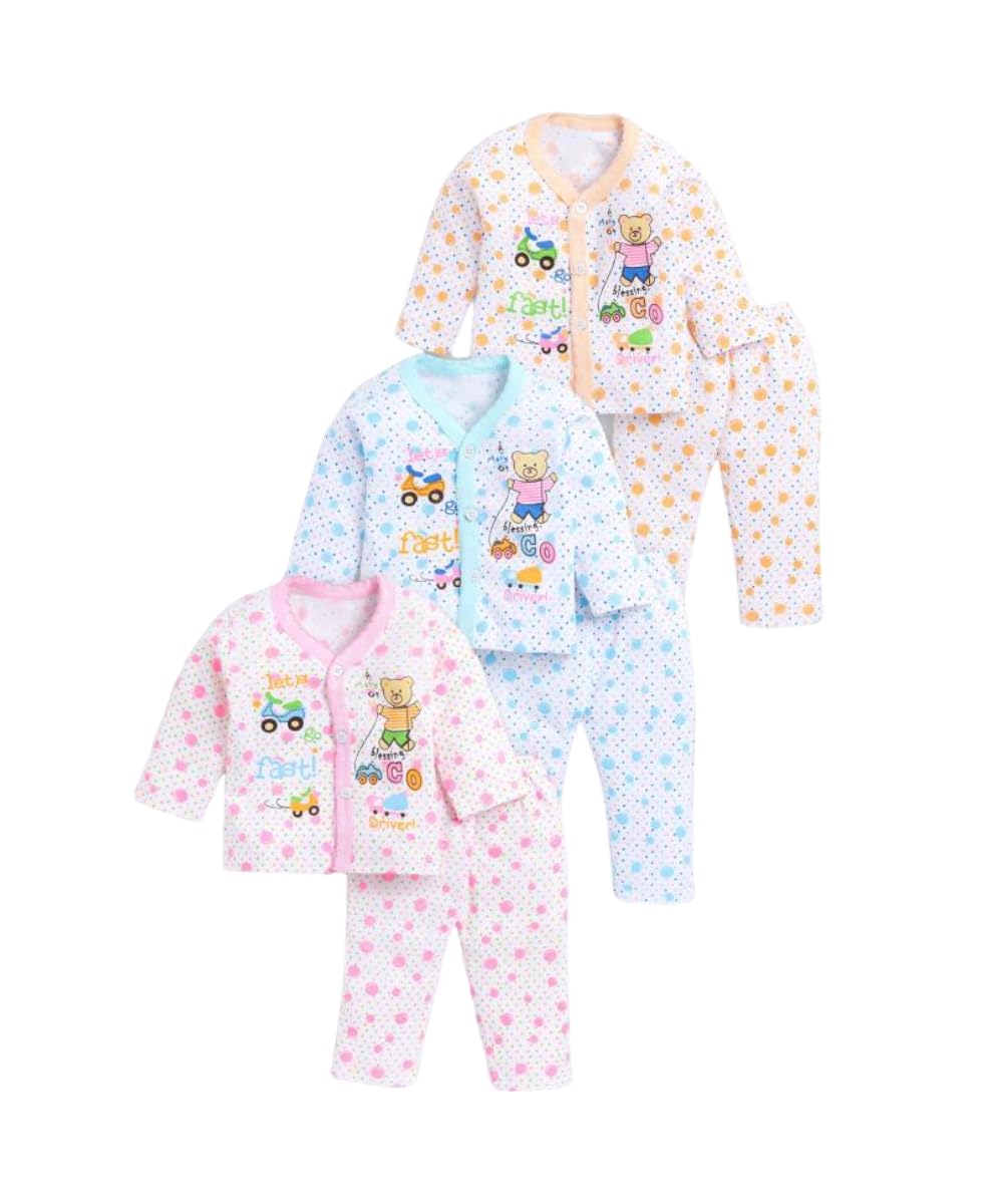 BONUM Baby's Boy's Girl's 100% Cotton Button Shirt with Pyjama Pant Set of 3 New Born Baby Clothes