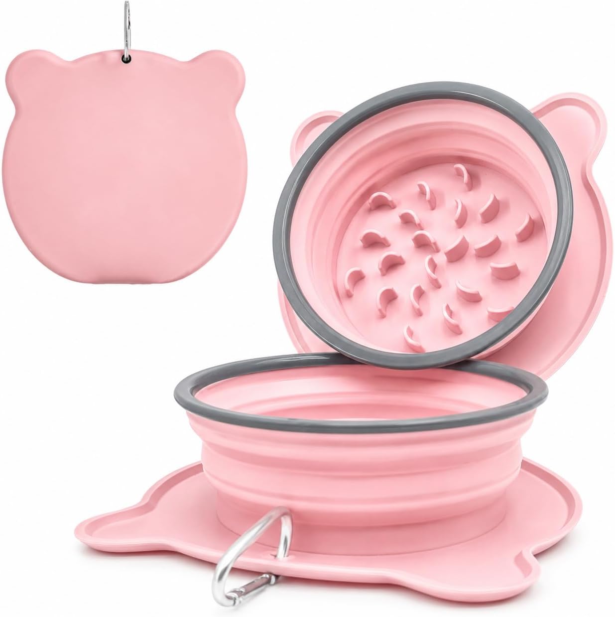 Collapsible Dog Bowls, 2-in-1 Silicone Pet Food and Water Bowl with Carabiner - Portable Double Compartment Travel Dish for Dogs, Ideal for Camping, Hiking, Car Rides, Puppy Essentials(Pink)
