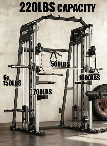 Miniatura 3 de Smith Machine - Gimnasio en casa, jaula de potencia todo en uno, equipo de entrenamiento de 2200 libras, gimnasio multifuncional con estante para