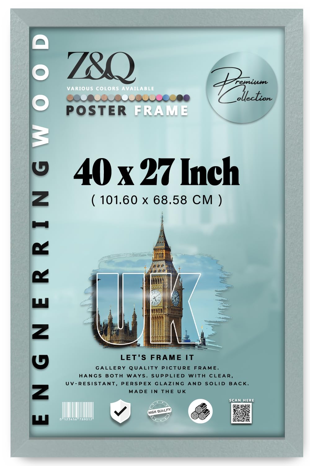 Z&Q Wall Mounted Poster Picture Frame Silver 27 x 40 Inches Display Painting Photo Print With HD Clear Perspex Both Ways Hanging Hooks MDF Wood 30x15mm Moulding