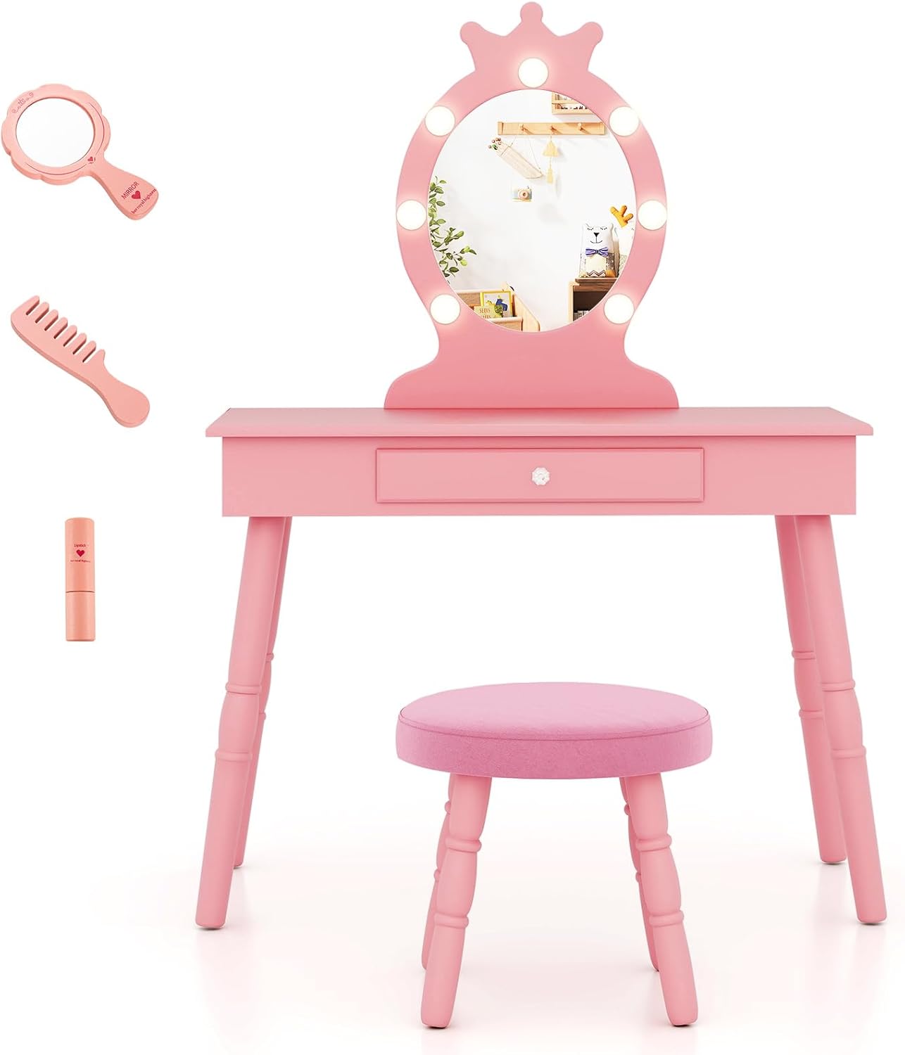 DREAMADE 2-in-1 Kids Makeup Vanity, Girls Vanity w/Lights, Stool, Mirror & Drawer, Detachable Top, 3-Color LED Lights, Vanity Mirror with Lights for Princess Ages 3-7