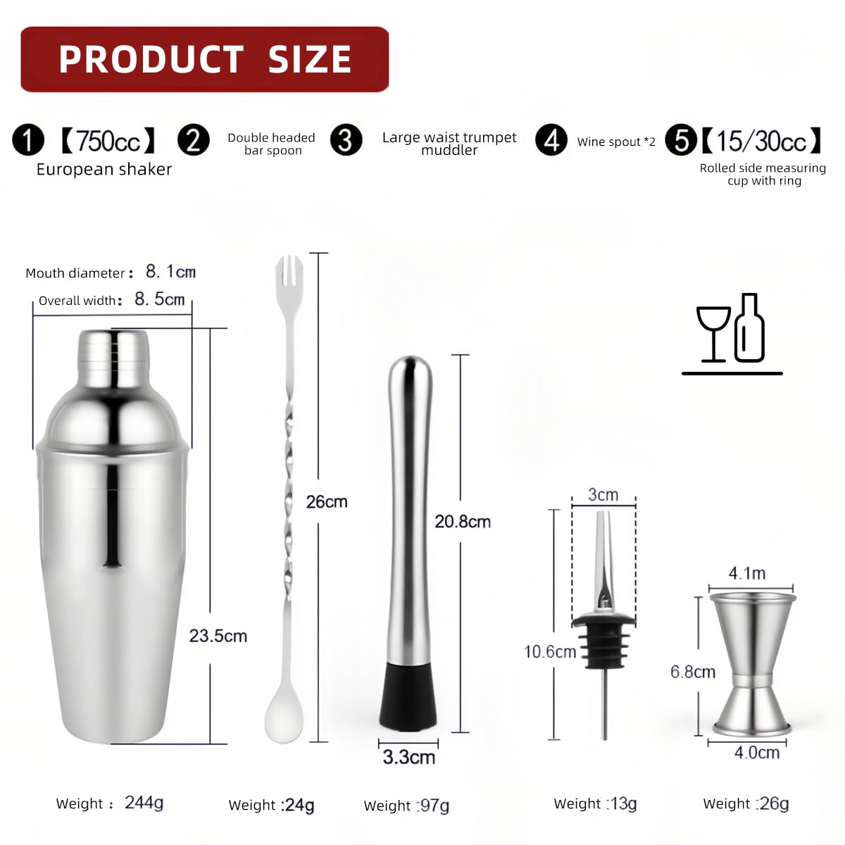 6 sets de cóctel premium de LiangYuanZen, una coctelera de 750 ml, un vaso medidor doble, 2 crunker, una cuchara y un stasipunk.
