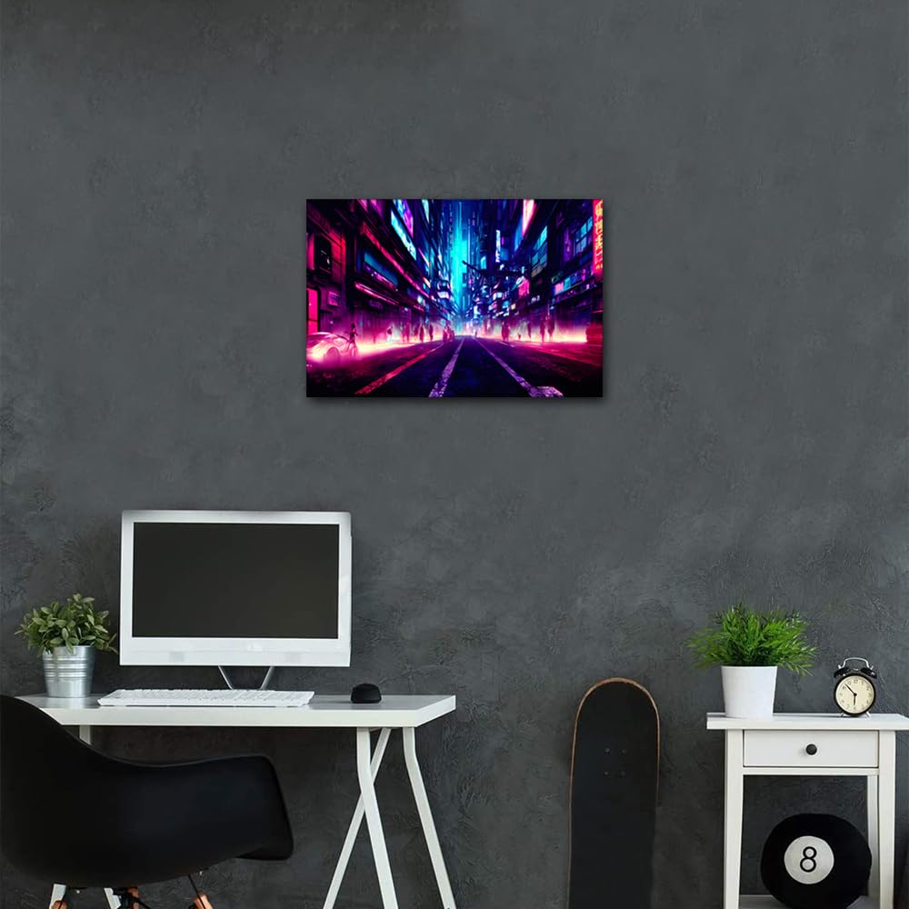 Contemporary Art Cyberpunk Style Pictures Office Decor 1 Pieces Cyberpunk City Street Night View Futuristic City Neon Lights Wall Decor for Living Room Modern Artwork Framed Ready to Hang 18x12 in - Image 3