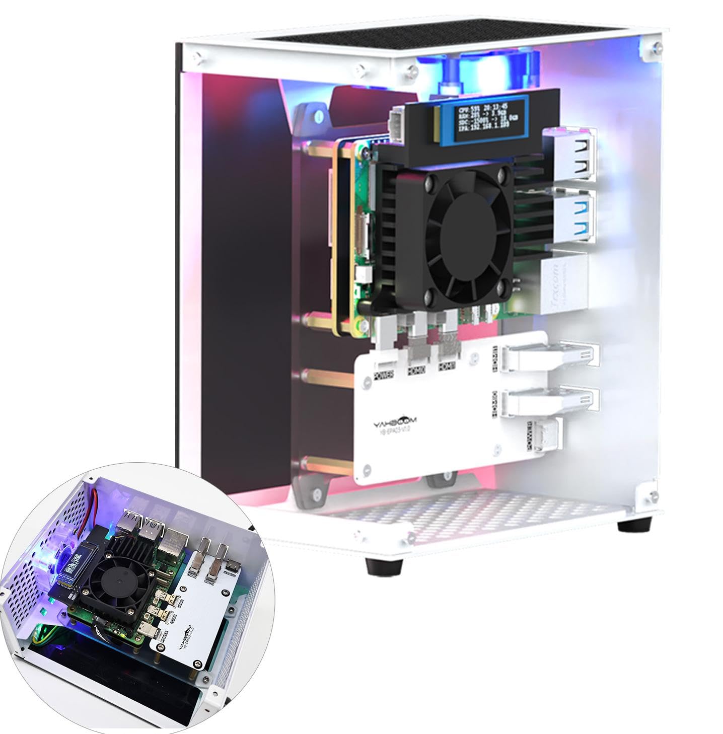 Yahboom RPi 5 Case,Micro Desktop Aluminum Case with Pi5 Active Cooler,PWM Fan, RGB Lightint Bar,Mini Tower PC Case,OLED Display