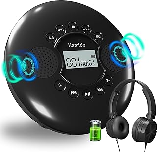 CD Player Portable, Hernido Portable CD Player for Car with Stereo Speakers, Rechargeable Walkman CD Player with Headphone, AUX, USB, Anti-Skip/Shockproof Discman for Home/Traval