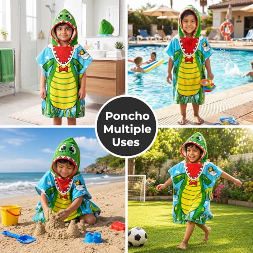 Image of Kids Poncho Towel 300GSM 120x60 CM, Crocodile, Jungle Green