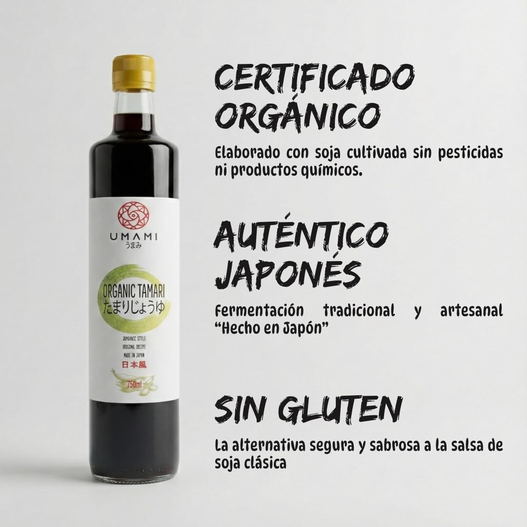 Umami Salsa de Soja Tamari Ecológica 750ml Sin Gluten Fermentación Artesanal Kioke Japón
