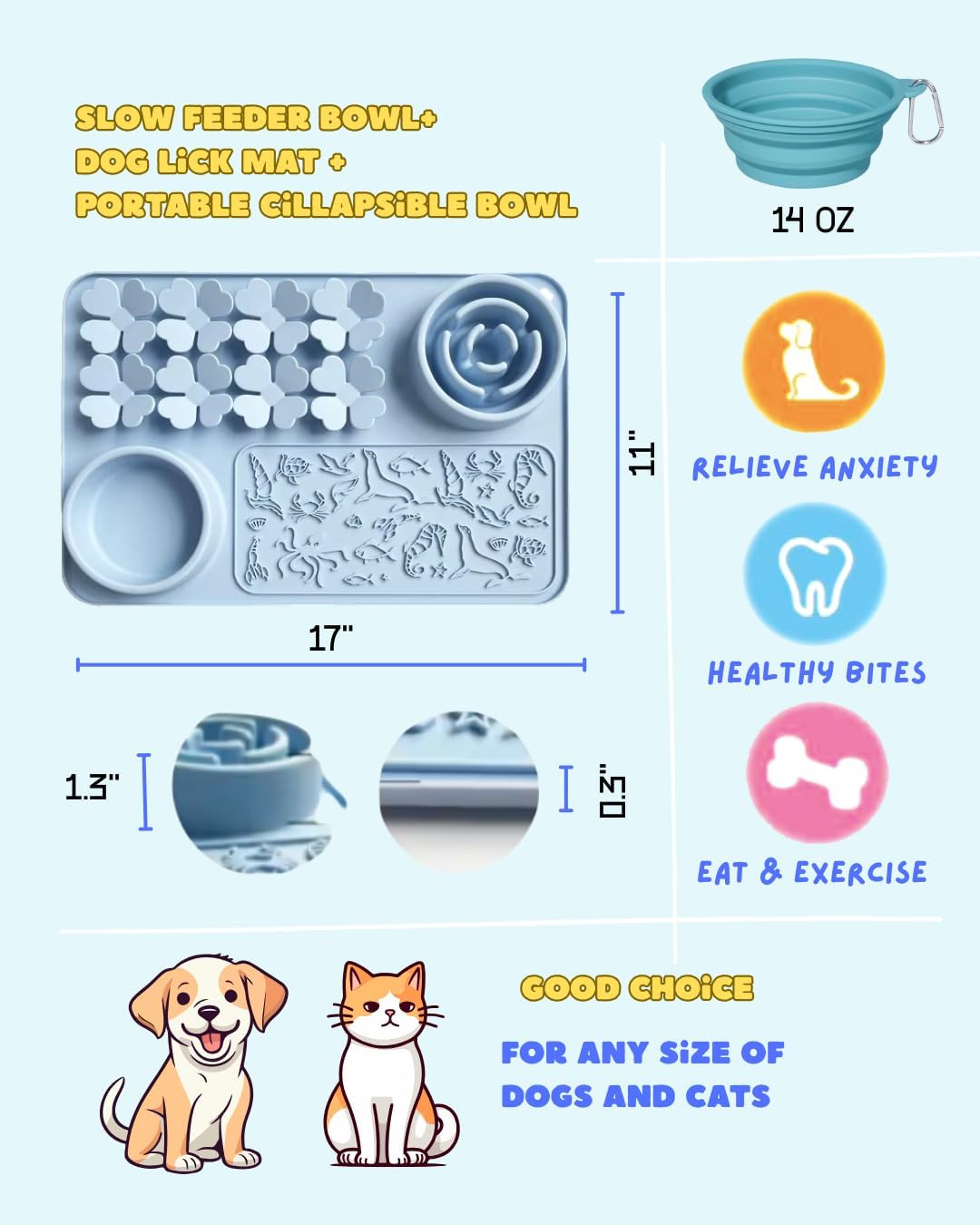 Silicone Lick Mat & Slow Feeder Bowl for Dogs and Cats – Suction Cup Snuffle Mat for Dogs and Cats – Slow Eating, Smell Training, Collapsible Portable Pet Bowl (Blue)