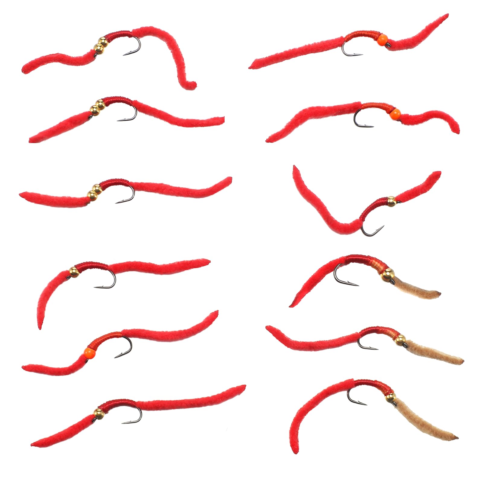 Soulchen 12 Pcs San Juan Worm Trout Fly Assortment Squirmy Wormy Fly 12 Red Wet Nymph Flies 4 Patterns for Hook Size 10 Trout Bass Steelhead Salmon and Other Freshwater Fish