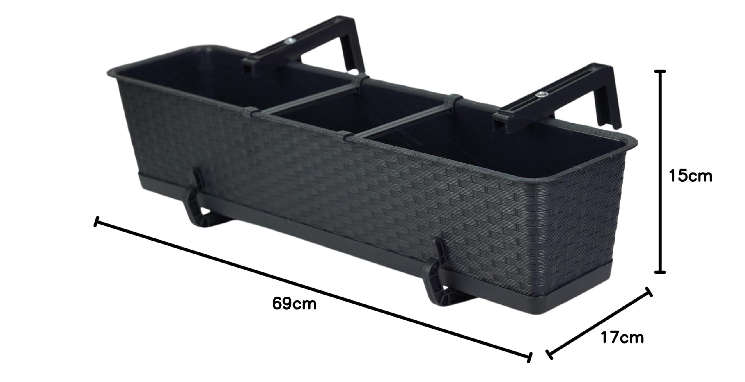 Jardinera para balcón de 69 cm x 17 cm, resistente a la intemperie, con plato y soporte, jardinera para balcón con aspecto de ratán para la elegante plantación de terraza y balcón, antracita