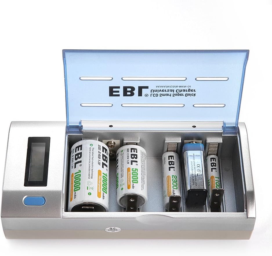 EBL 906 LCD Universal C D AA AAA 9V Battery Charger with 10000mAh D Rechargeable Batteries (4 Pack)