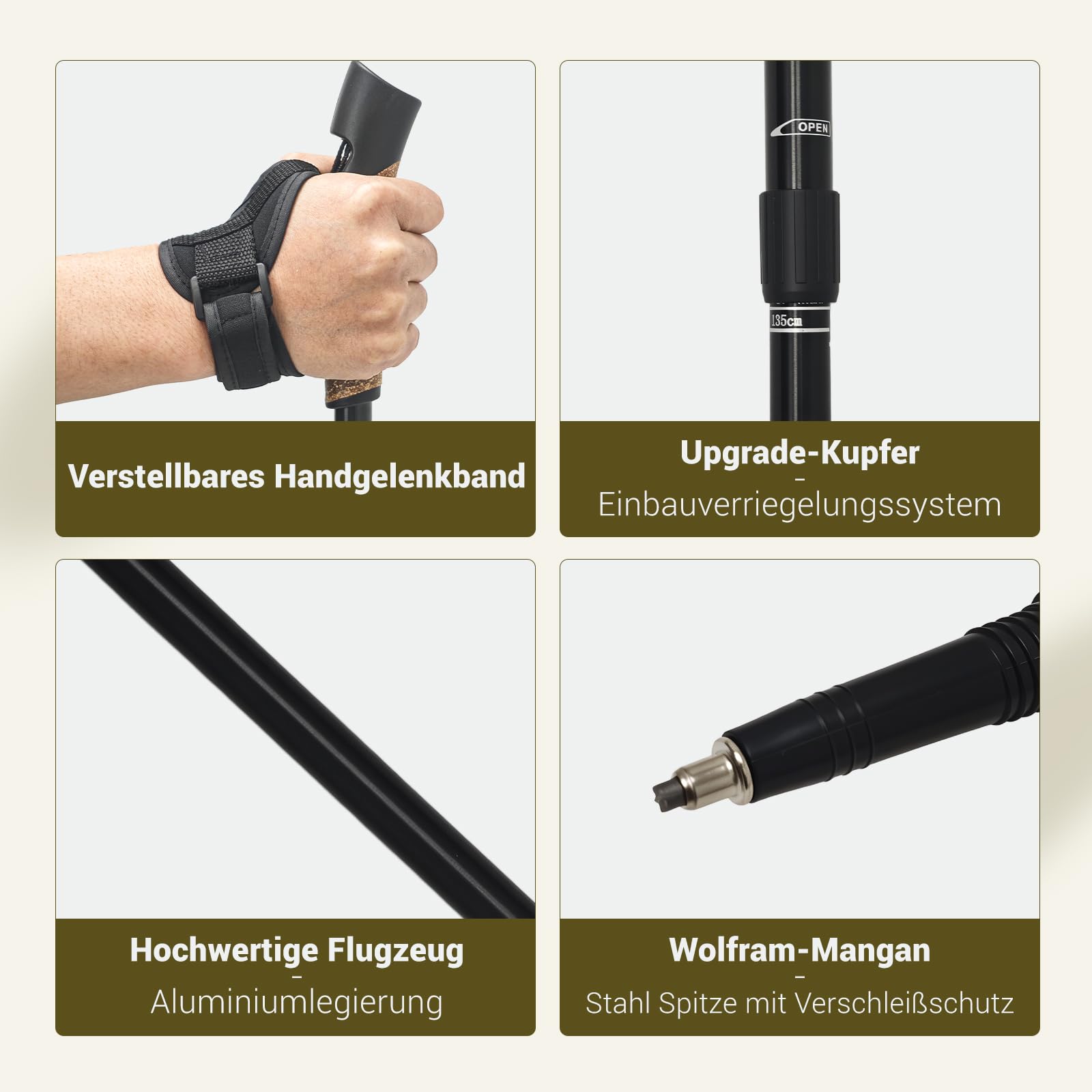 Trekkingstöcke Faltbar, Wanderstöcke 7075 Aluminium Ultraleicht, Verstellbar 62-135cm mit Korkgriff, Nordic Walking Stöcke 2er Set für Damen & Herren