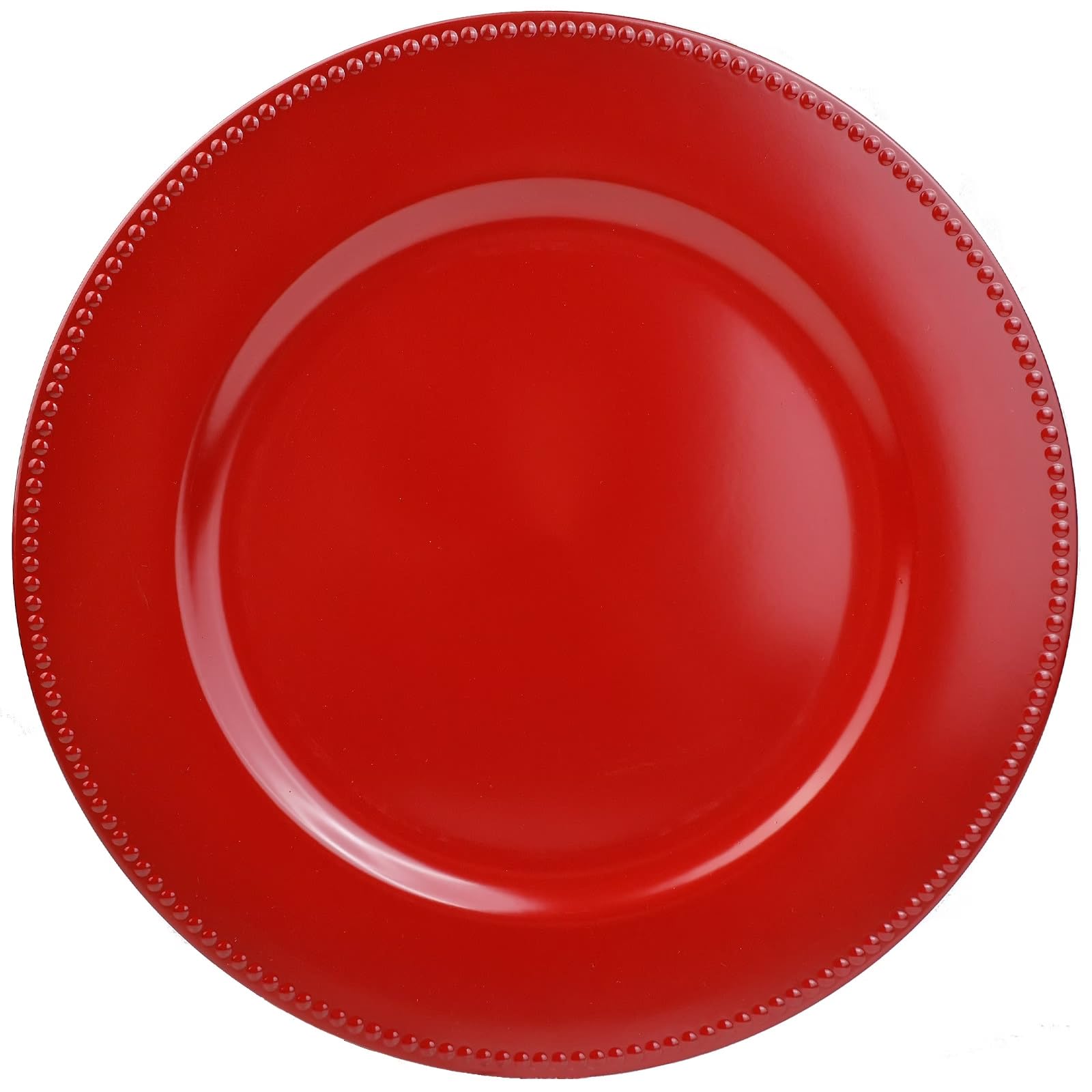 Juego de 12 platos de carga rojos con cuentas. Cargadores de mesa de plástico reutilizables de 13 pulgadas para platos llanos