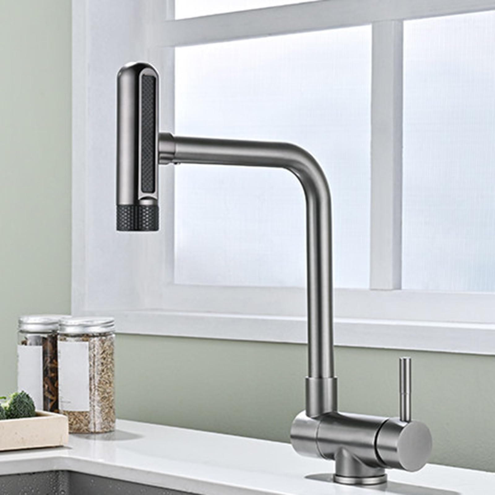ZQFHSX Folding Kitchen Mixer Tap, Swivel Design with 6 Modes, Stainless Steel, Brushed Finish