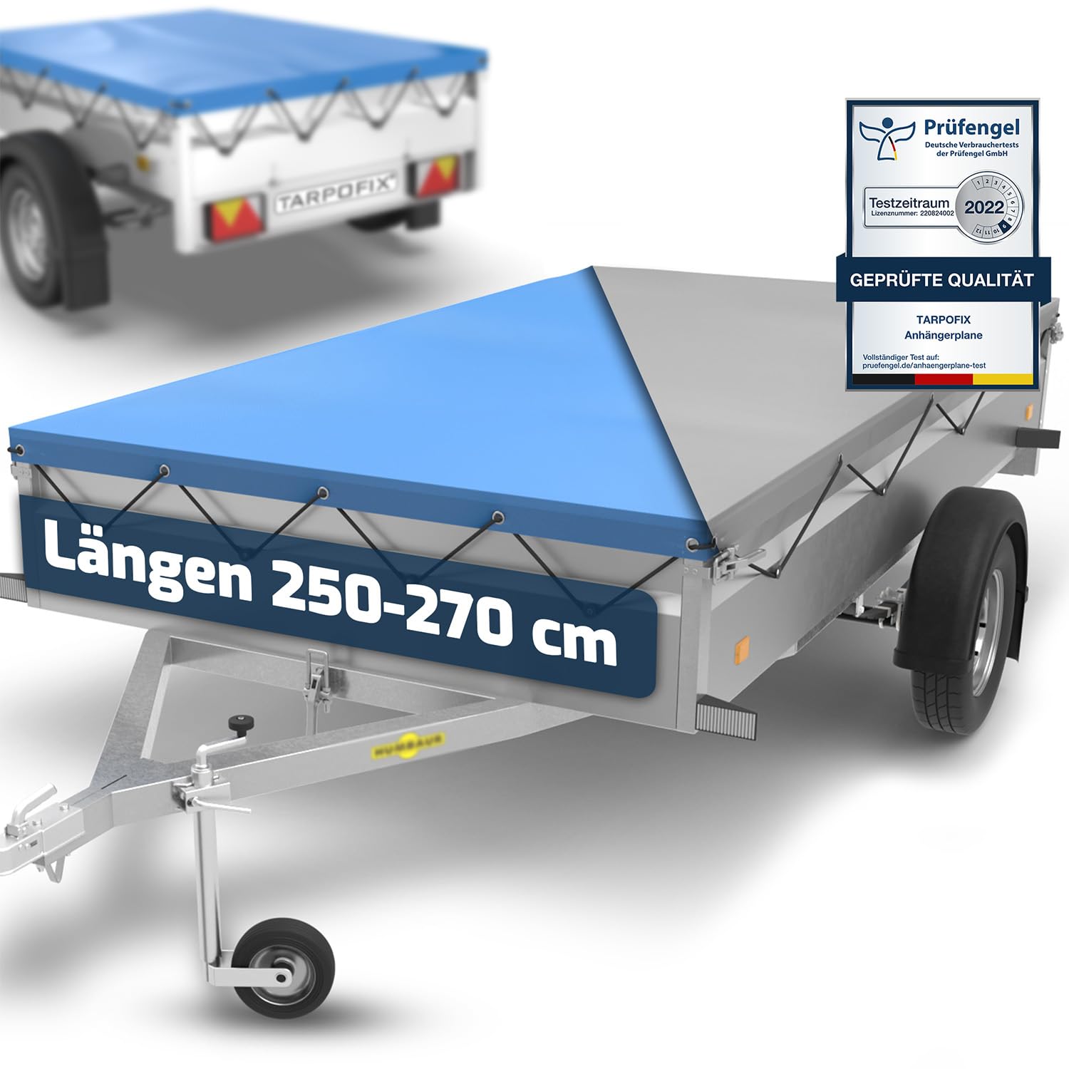 Tarpofix® Anhängerplane 258 x 136 cm mit Planenseil | PVC Flachplane | Humbaur Anhängerplane verstärkt für PKW Anhänger 1300 kg | Anhänger Zubehör wasserdichte Abdeckplane Schutzplane