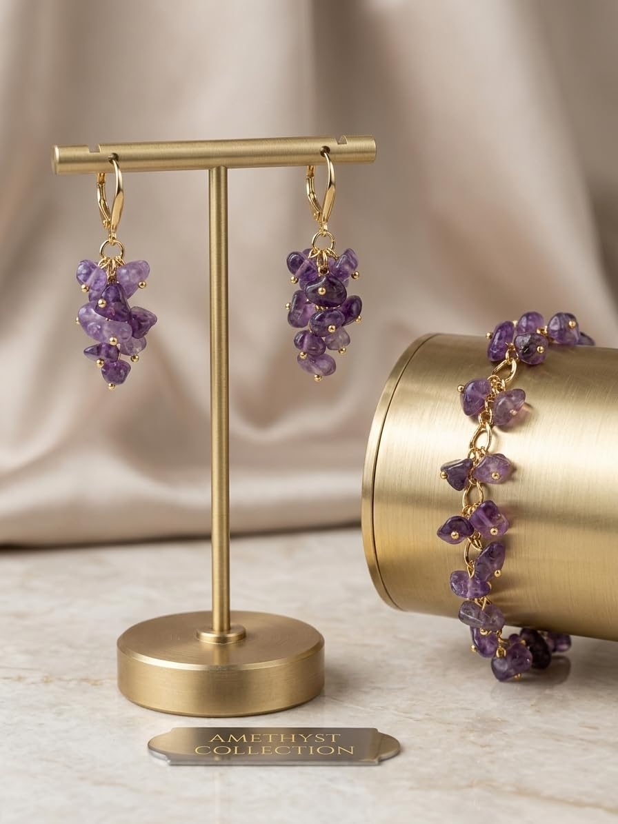 Juego de pulsera y pendientes de gota con piedra de amatista y latón chapado en oro de 18 quilates