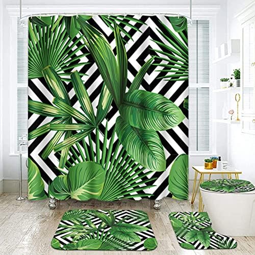 Tropical Palm Leaves Bathroom Set with Shower Curtain and Rugs Accessories, Tropical Floral Flowers Plant Shower Curtain for Bathroom Summer Bathroom Decor 4 Pcs