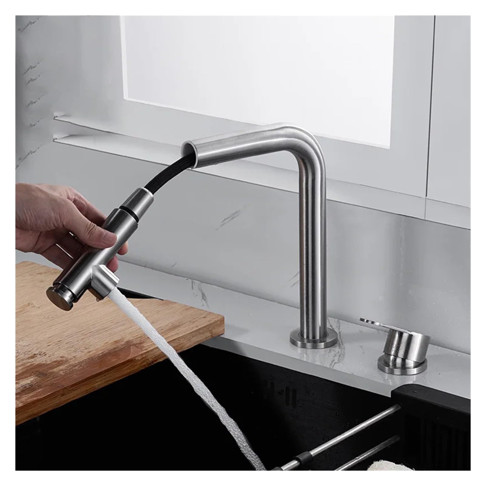 Cuisine extractible cachée acier inoxydable avec mélangeur eau chaude froide télescopique