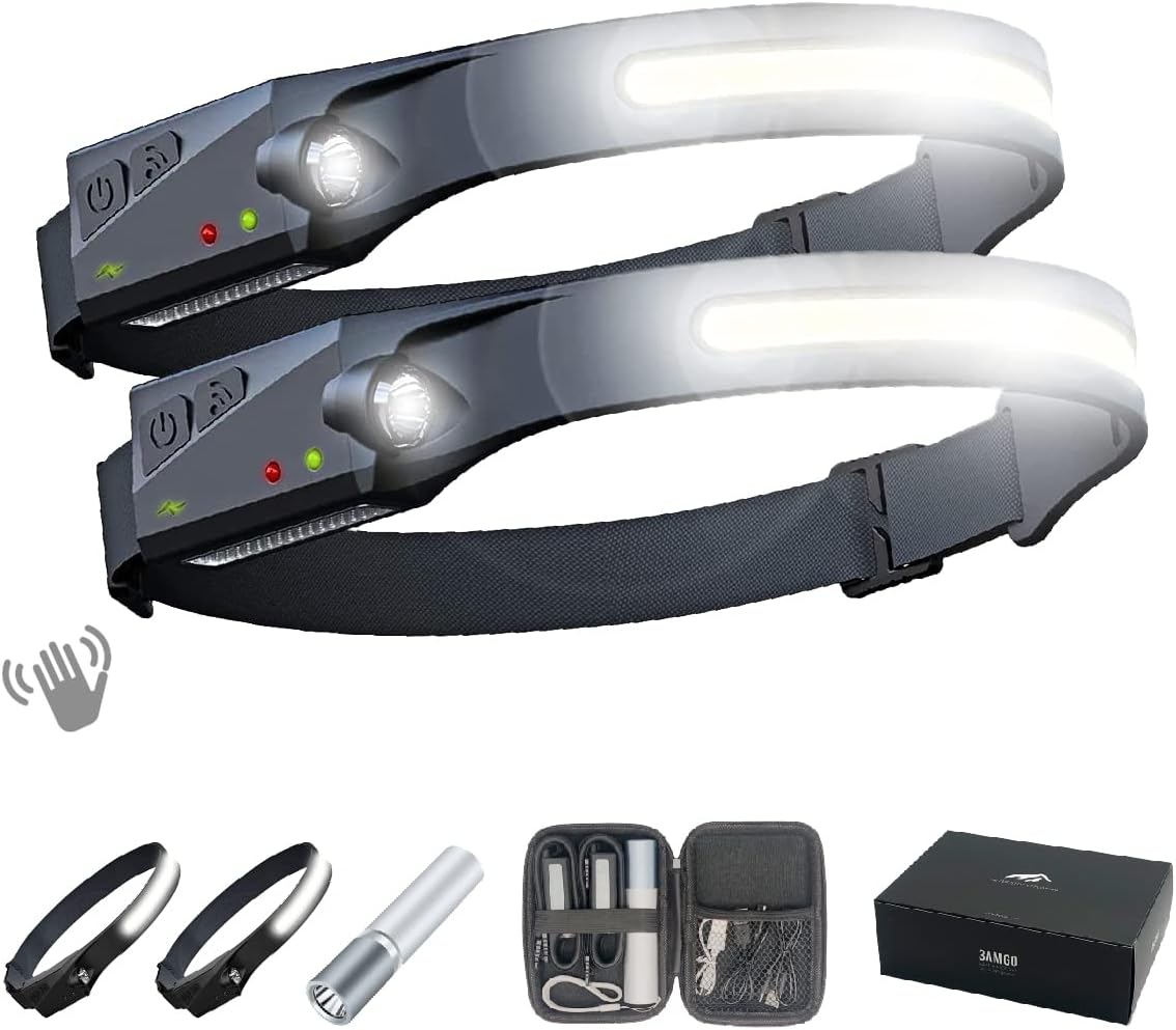 3AMGO Rechargeable LED Headlamp - Waterproof Headband Bright Lights Bar Strip Flashlight Motion Sensor Control USB C 2 Pack for Adults Working Hardhat Walkers Hiking Camping Outdoor (Black) : Tools & Home Improvement