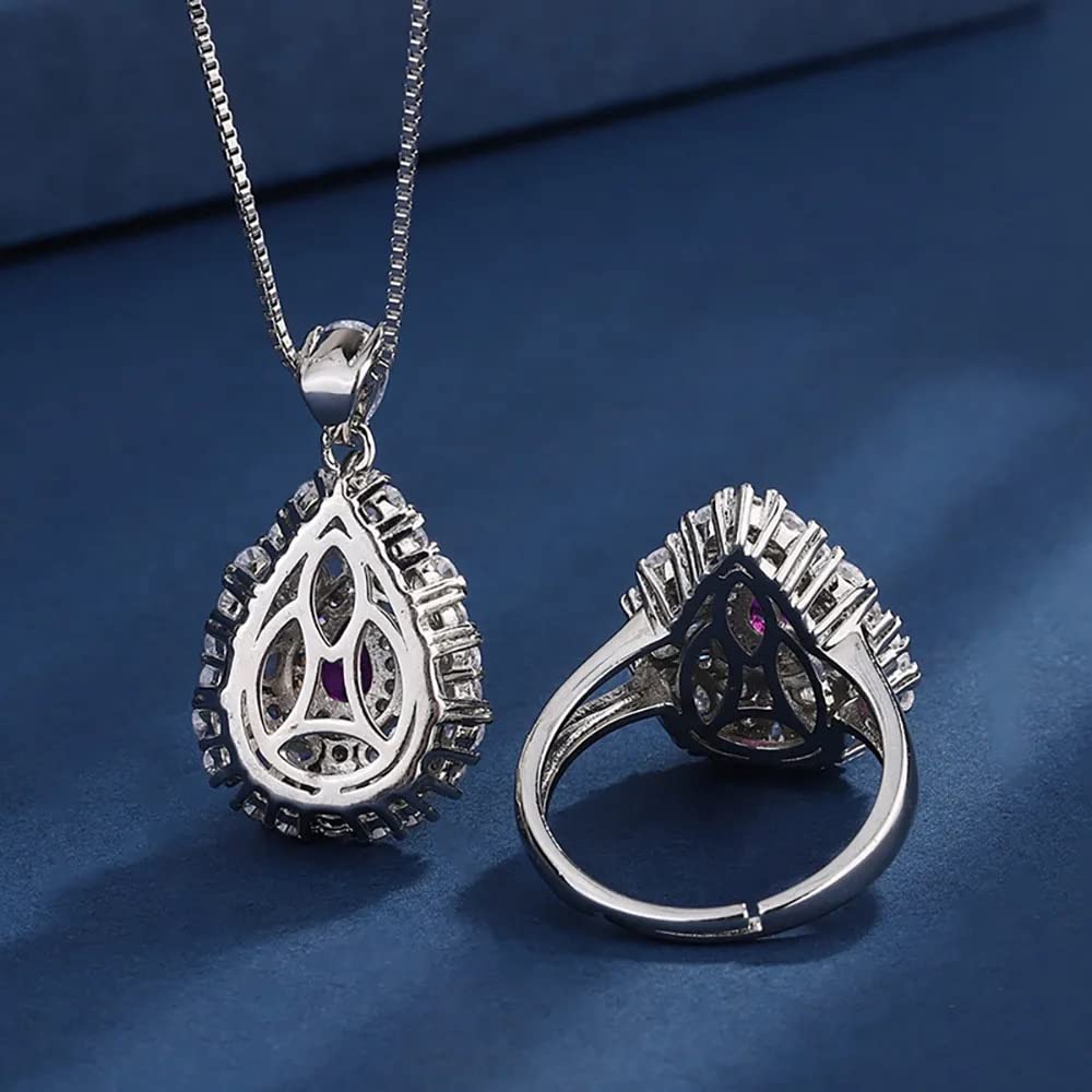 LYGXWJFC 4 * 6mm Collana con Ciondolo in Rubino Anelli per Donna Set Completo di Gioielli da Sposa con Pietre preziose con Diamanti da Laboratorio Regalo Femminile