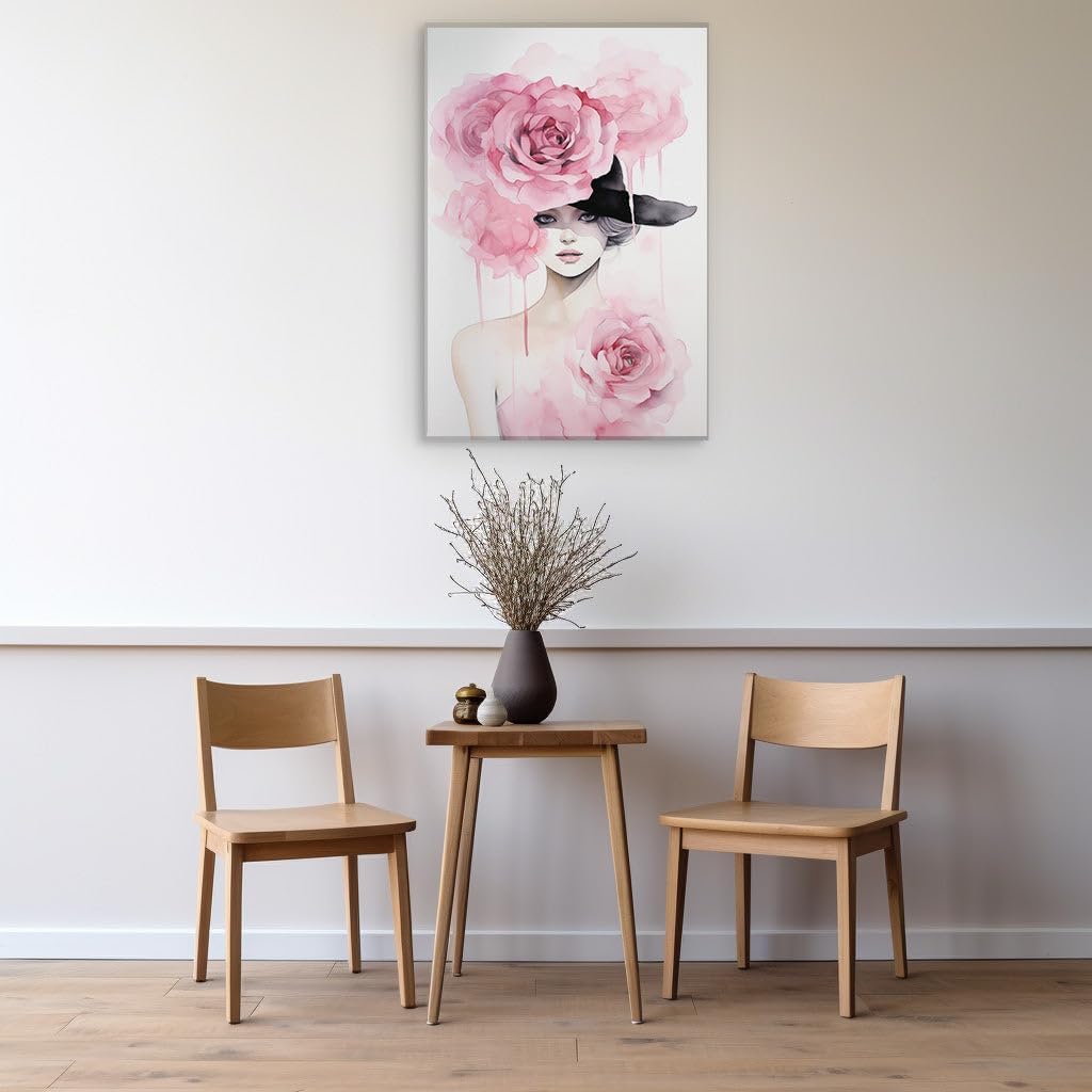 Canvas for Living room. Blooming Elegance: A Whimsical Portrait of a Woman in a Rose Embrace, 27 x 18 inch Canvas Wall Art - Contemporary Masterpieces - Botanical Home Decor - 69x46 cm (27x18 inch)