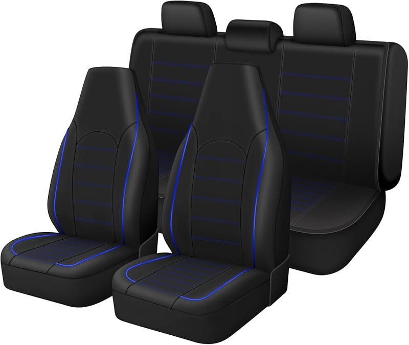 Capa de Banco Automotivo TOYOUN em Couro Sintético PU Preto com Detalhes Azuis, Jogo Completo