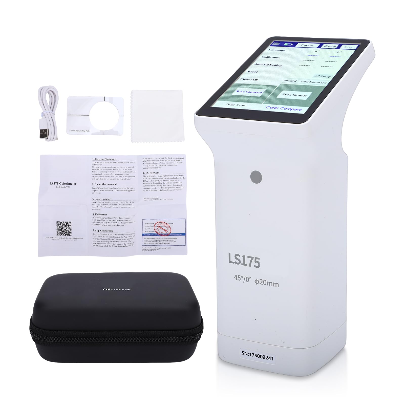 Tragbares Kolorimeter mit 20-mm-Apertur, Farbdifferenzmessgerät mit Touchscreen für Textilfarben, Kunststoff und Leder, Tragbares Farbmessgerät in Laborqualität, Inklusive