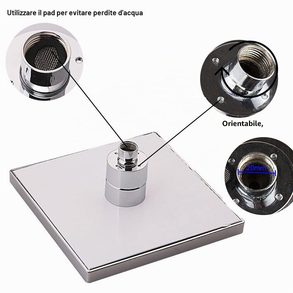 Soffione Doccia a Pioggia con 12pcs LED, 8 Pollici Docce Fisso Quadrato Controllo della Temperatura 20 x 20 CM, a Soffitto Cromato Finito, 3 colore cambiando flusso d'acqua alimentato