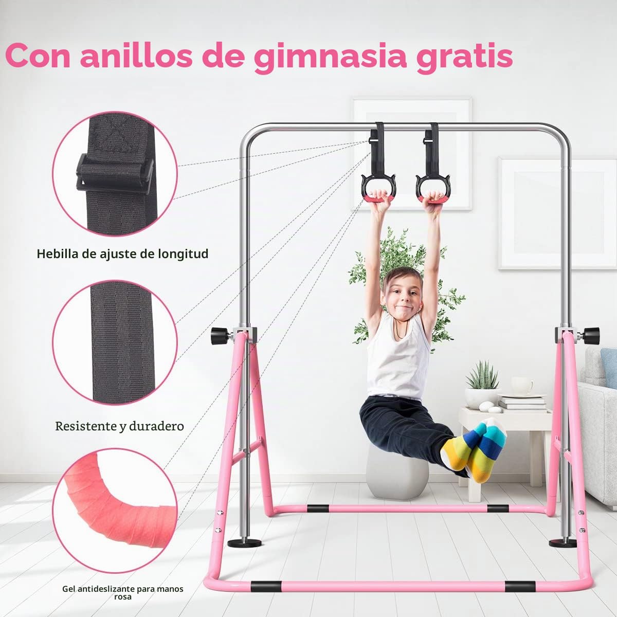 FBSPORT Barra de Gimnasia Artistica para Niñas con Altura Ajustable y Anillos, Plegable Equipo de Gimnasia para Entrenamiento en Casa, Barra de Entrenamiento de Gimnasia Expandible Junior