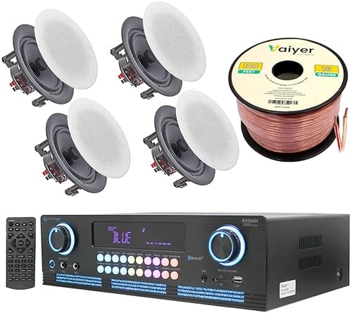 Kit de sistema de cine en casa, amplificador Bluetooth de 2000 vatios con 4 unidades de 6.5 pulgadas, 200 vatios en la pared en el techo altavoces