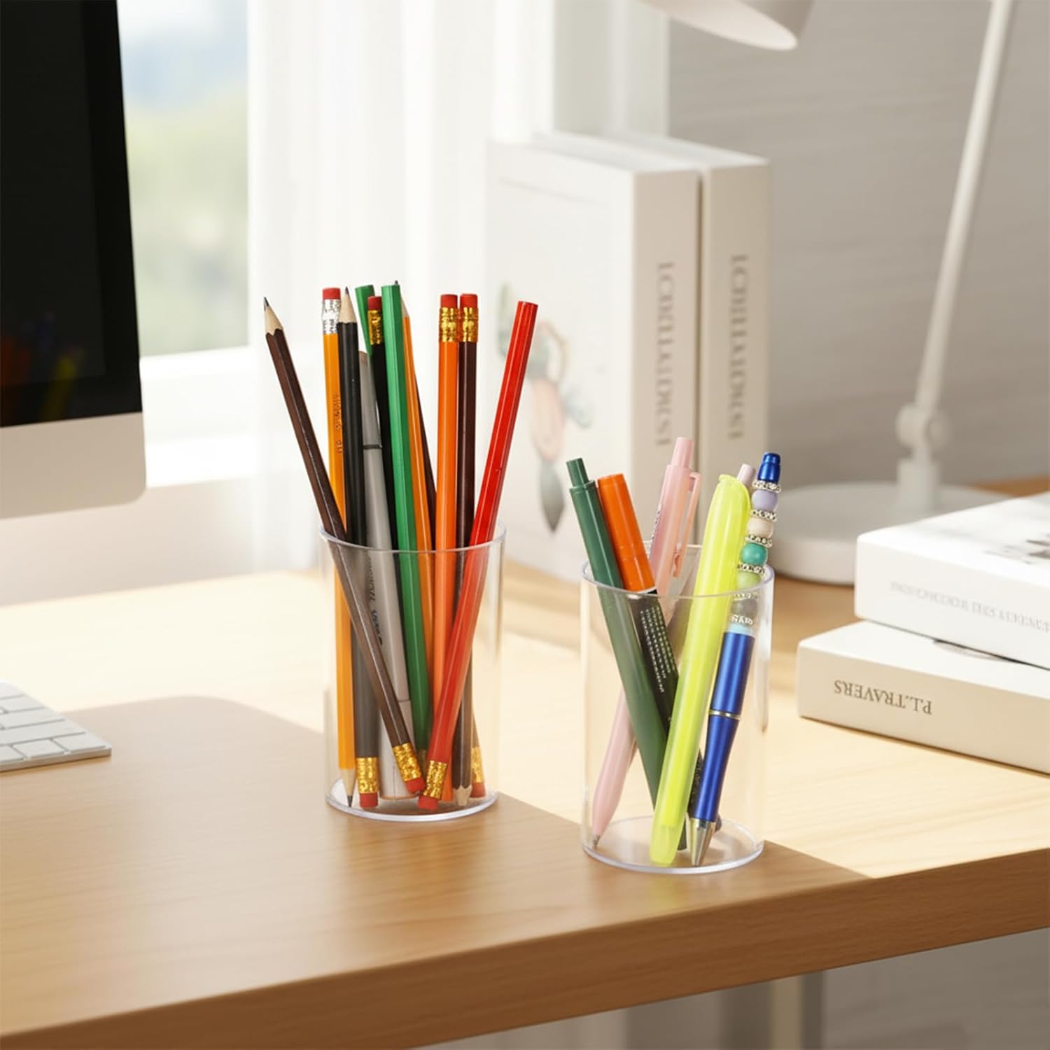 Kifmurase 16 Pack Clear Acrylic Pen Holder, Round Pencil Holder for Desk Pen Cups Makeup Brush Holders Stationery Organizer for Office School Home Desk Accessories
