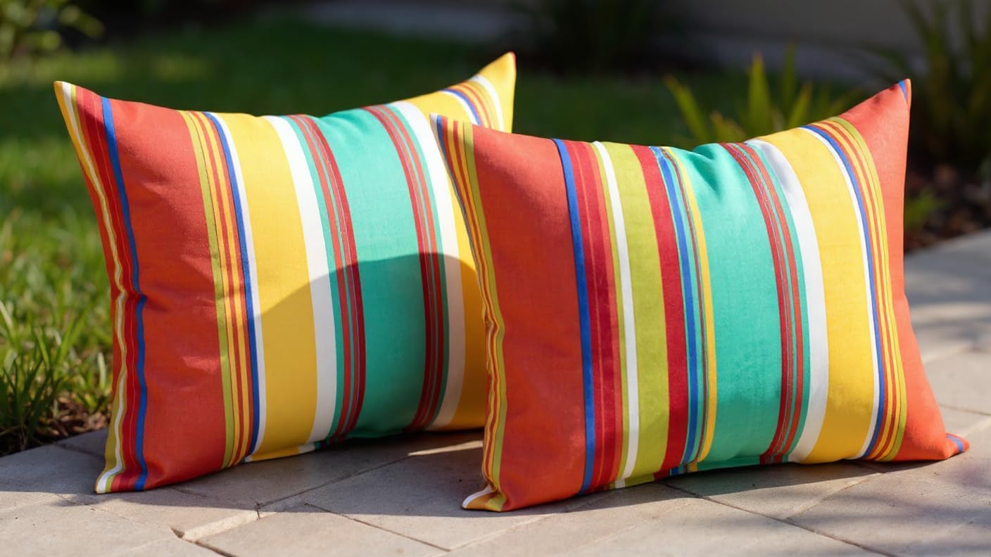 RSH Decor Lumbar Throw Pillows Set of 4 – 20″ × 12″ Outdoor Lumbar Cushions in Bright Stripes – All-Weather Spun Fabric, Water & Fade-Resistant – Made in USA for Patio Furniture