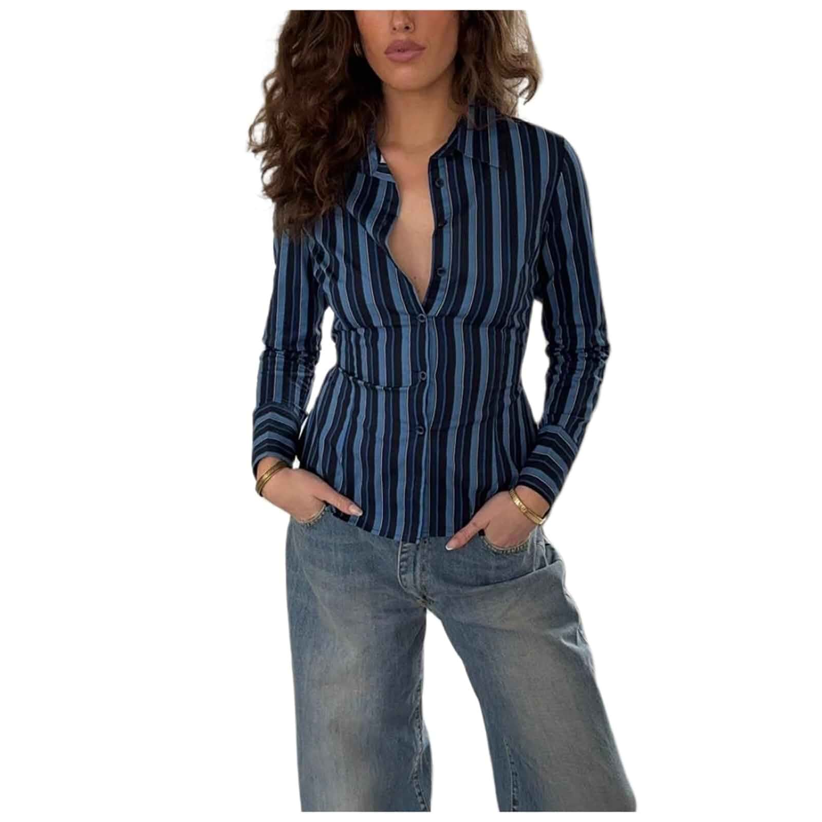 Women Slim Fit Button Down Striped Shirt Long Sleeve Fitted Button Up Shirt Vintage Y2K Pinstripe Collared Blouse Slim Fit