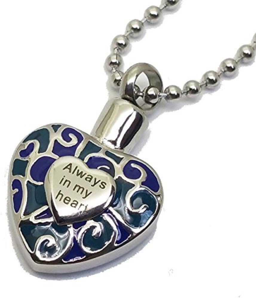 Cremation Jewelry for Ashes Always in My Heart Dark Navy Olive Green / Dark Blue Urn Necklaces Stainless Steel Pendant for Men and Women Dad Mom Funeral Day. Keepsake for Loved One