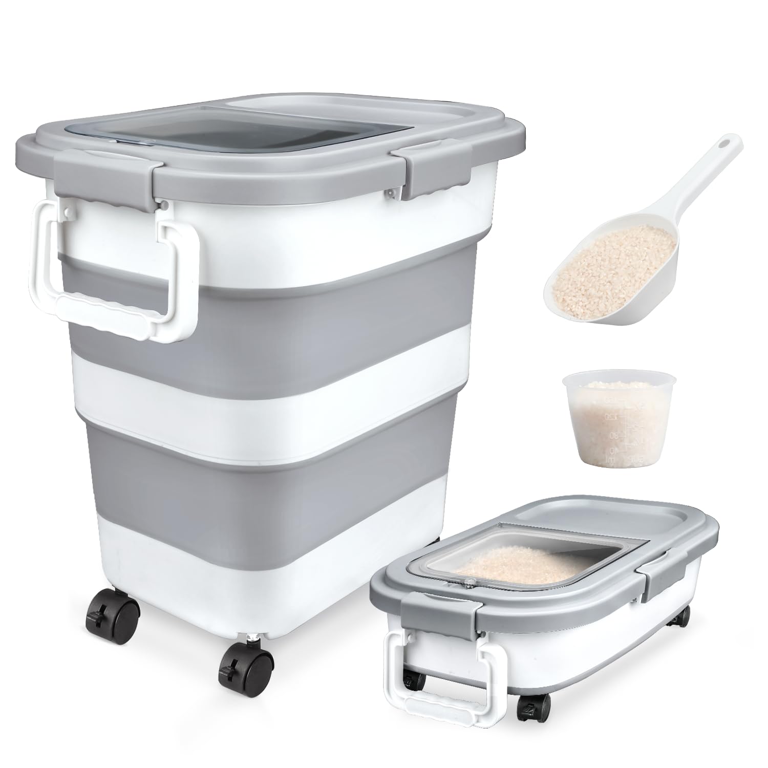 Photo 1 of **DAMAGED** Komzon Rice Storage Container, Collapsible Airtight 10-40 Lb Rice Storage Container, 25lb Pet Dog Food Storage Container, Rice Dispenser Bin with Cup and Scoop for Flour Cereal Pasta Grain, Cat Bird0527093