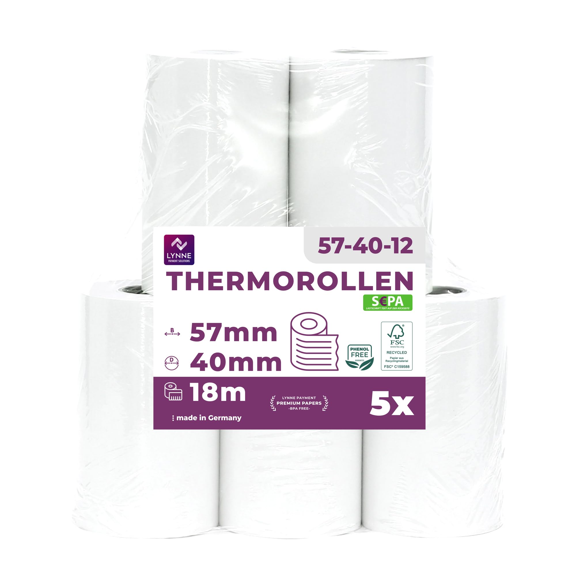 Ec-Cash rolki termiczne 57 mm x 18 m x 12 mm – rolki kasowe – papier termiczny – rolki bonkomatu – czytniki kart kredytowych (57 x 40 x 12) z tekstem obciążenia SEPA (5 rolek)