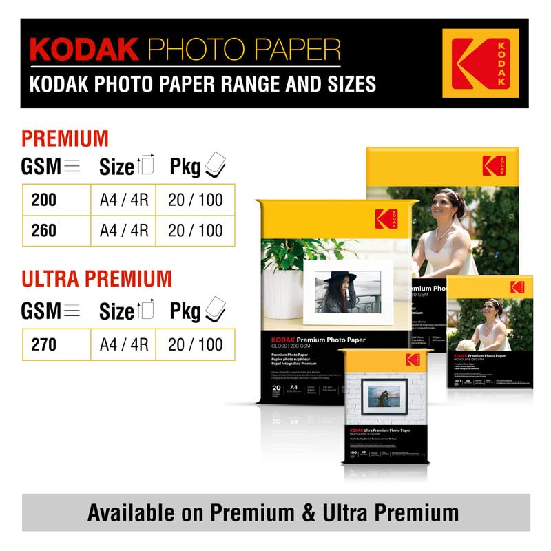 Image of Kodak 200 GSM 4R (4x6) Glossy Photo Paper - Water Resistant, Pack of 3 x 100 sheets,Compatible with all Inkjet Printers