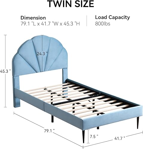Miniatura 2 de VELOCAVA Marco de cama individual con cabecera de concha marina, marco de cama plataforma tapizado en terciopelo con soporte de listones de madera,