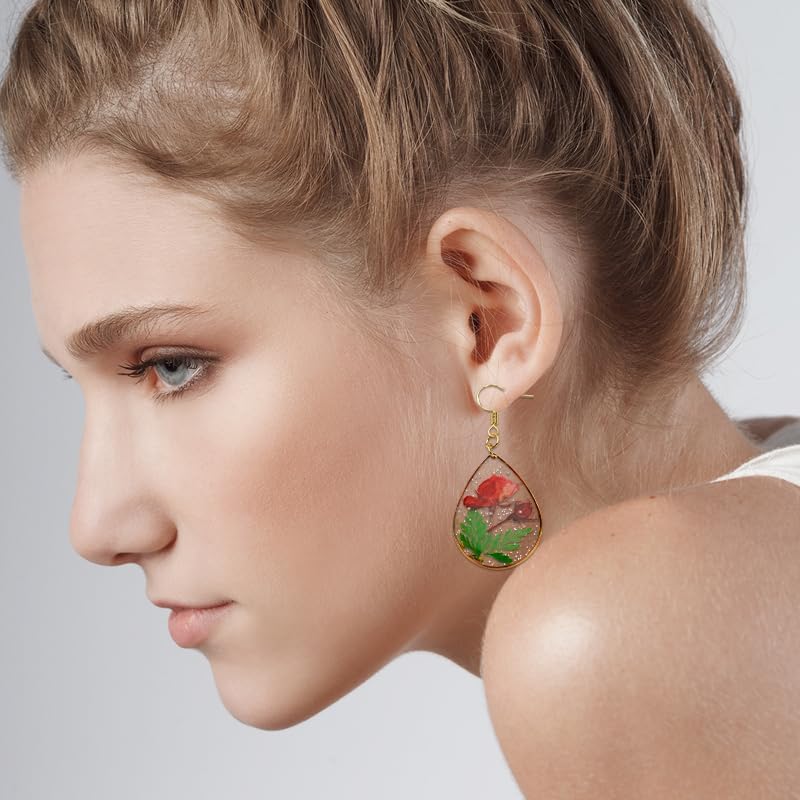 Dry Flower Teardrop Earrings for Women Handmade Pressed Flower Rose Earring Nature Plant Dry Flowers Hook Earring for Women Trendy Hypoallergenic Resin Drop Dangle Earrings for Mom Sister - Image 6