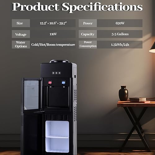 Miniatura 3 de JNTKE Dispensador de agua de carga superior fría y caliente de 5 galones, bloqueo de seguridad para niños, bandeja de goteo extraíble, gabinete de