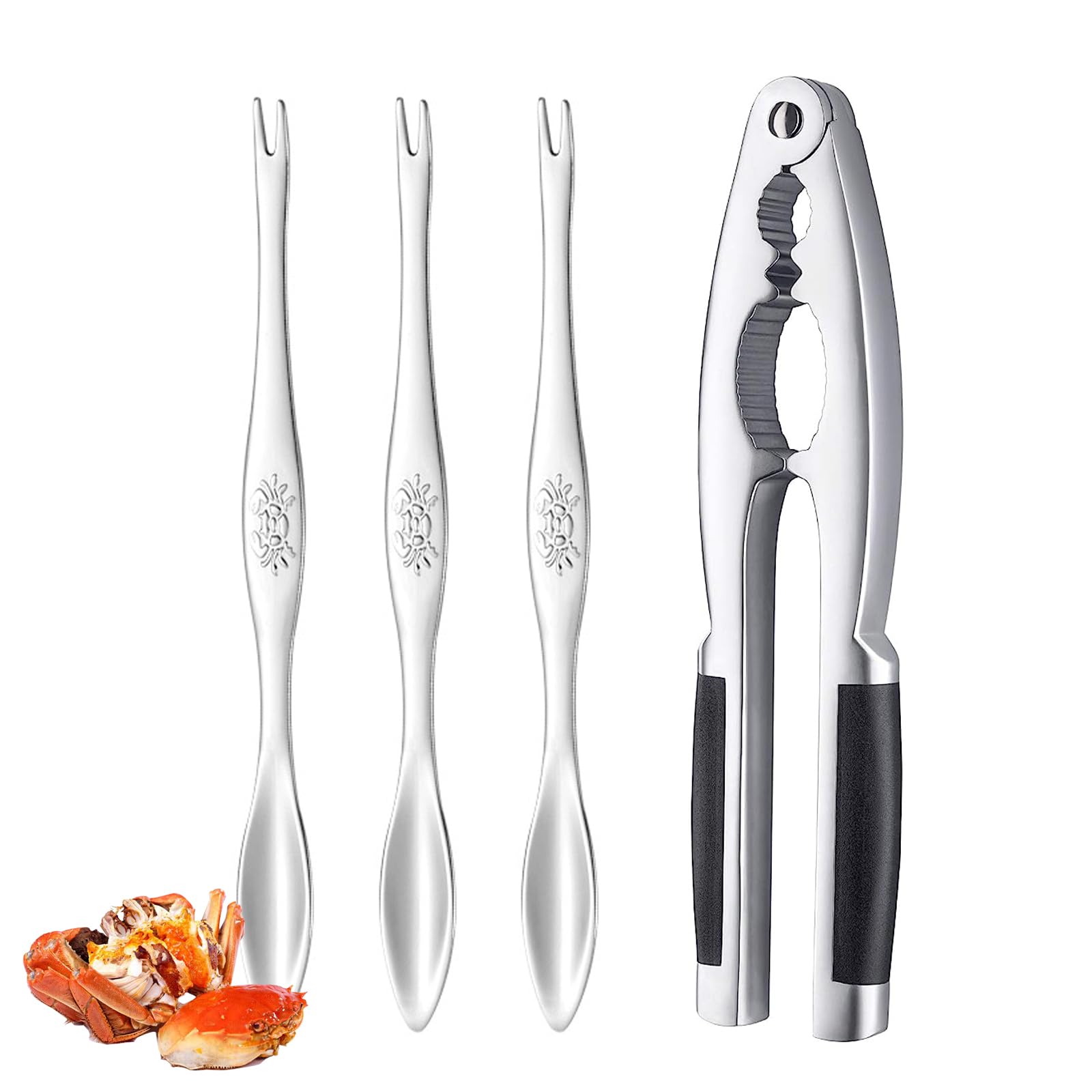 EQLEF Lobster Crackers and Picks Set, 1 Heavy Duty Crab Cracker with Anti Slip Handle and 3 Stainless Steel Lobster Picks Family Seafood Tools