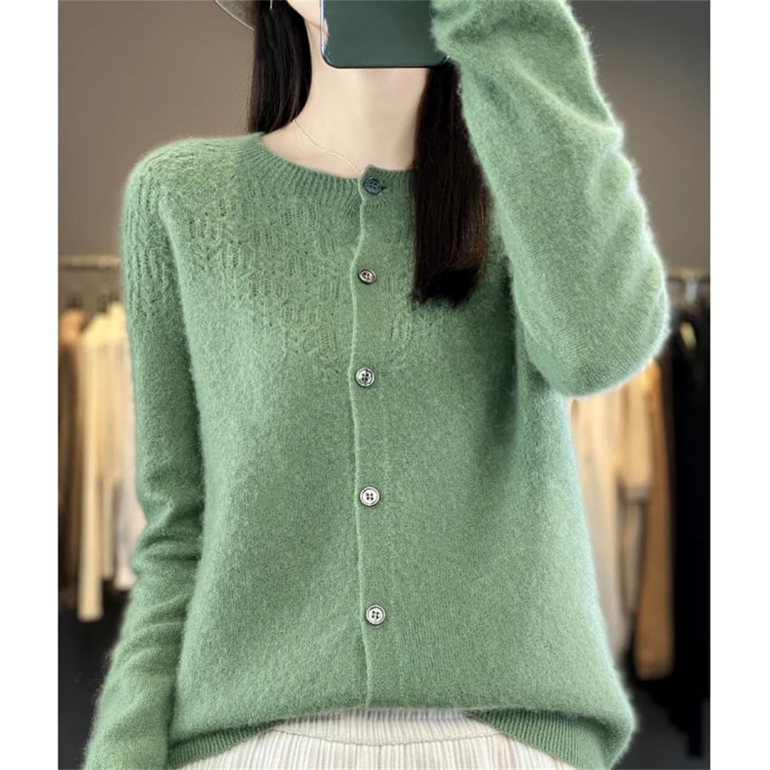 Cardigan da donna in lana merino, a maniche lunghe, traforato, senza cuciture, in cashmere, lavorato a maglia