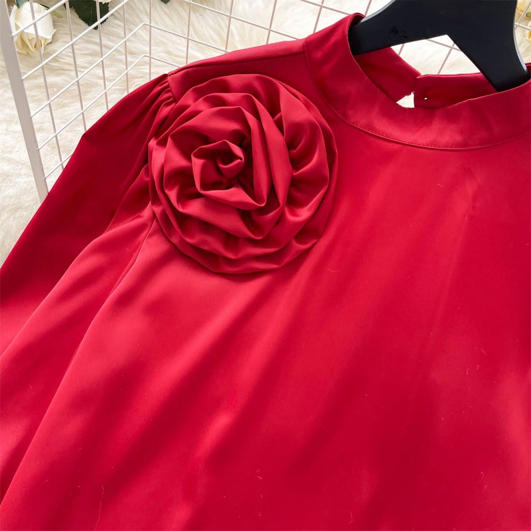 Chemisier en satin à plumes pour femme - Manches longues - Col montant - Haut de bureau