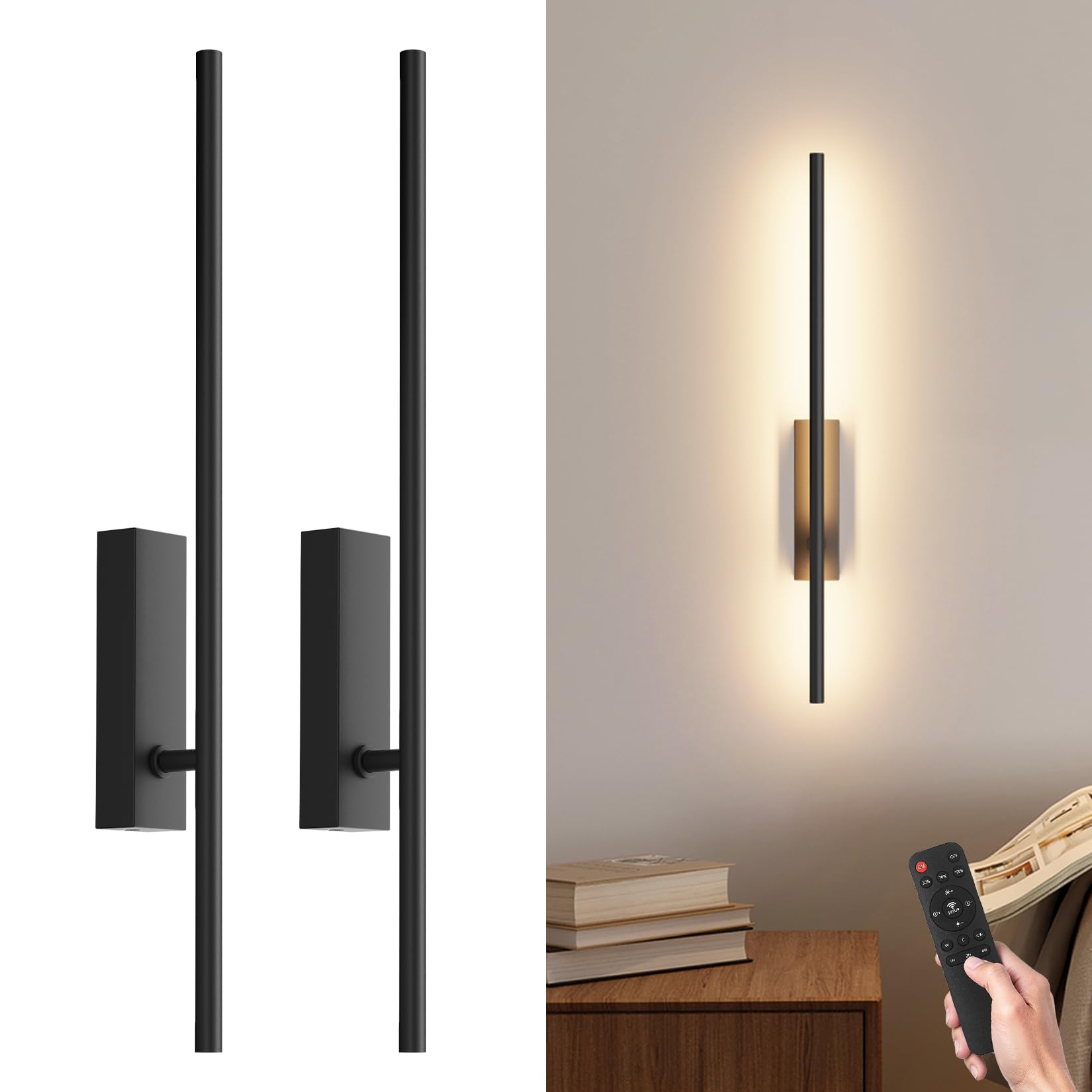Coinmit 2 Stück LED Wandleuchte mit Fernbedienung Schwarz - 60CM, 18W 330° Schwenkbar, 3000K-6000K, mit Dimm- und Timing-Funktionen, für Wohnzimmer, Schlafzimmer, Flur, Küche